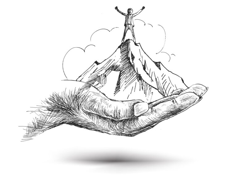 Climber with flag conquering top of mountain on hand