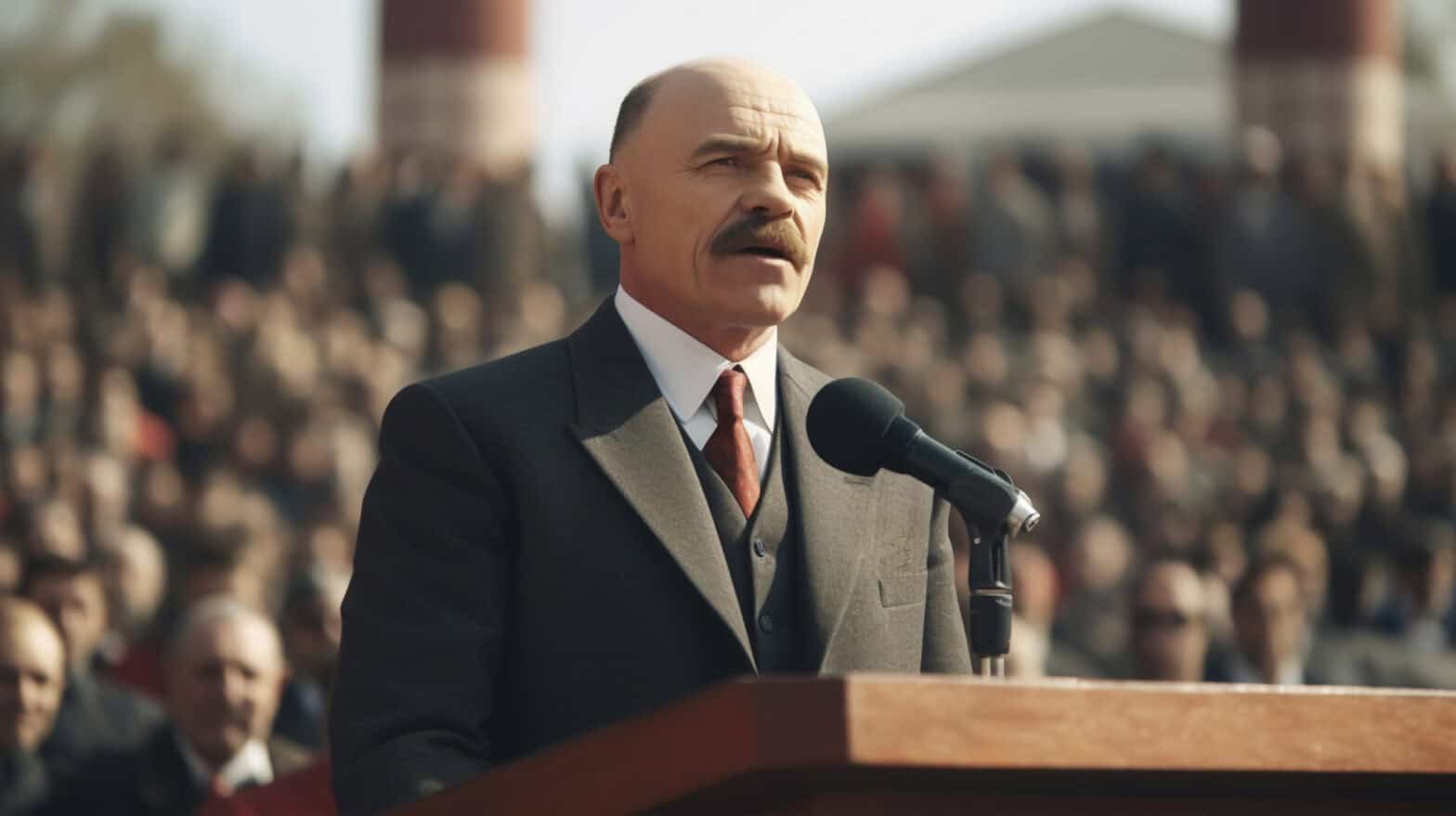 Public speaker at outdoor event with a large audience, emphasizing impartiality and trust.