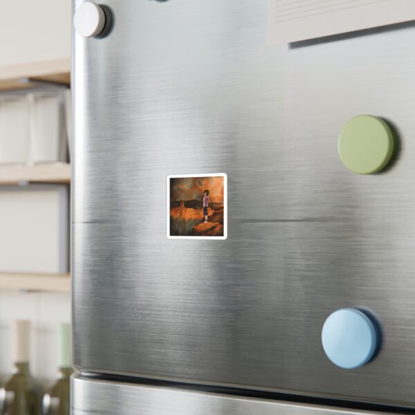 Colorful fridge magnet with landscape photo on stainless steel refrigerator door.