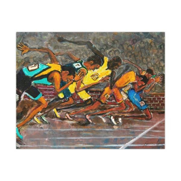 Vibrant painting of diverse athletes racing in a track event, emphasizing competition and determination.