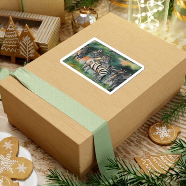 Vibrant zebra illustration on a gift box with Christmas decorations and eco-friendly wrapping.