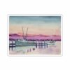 Bright watercolor painting of boats docked at a serene harbor during sunset.