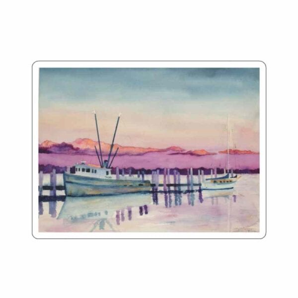 Bright watercolor painting of boats docked at a serene harbor during sunset.