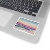 Boat watercolor art sticker on laptop keyboard, creative office decor, artistic laptop sticker, Impartial Inc. branding.