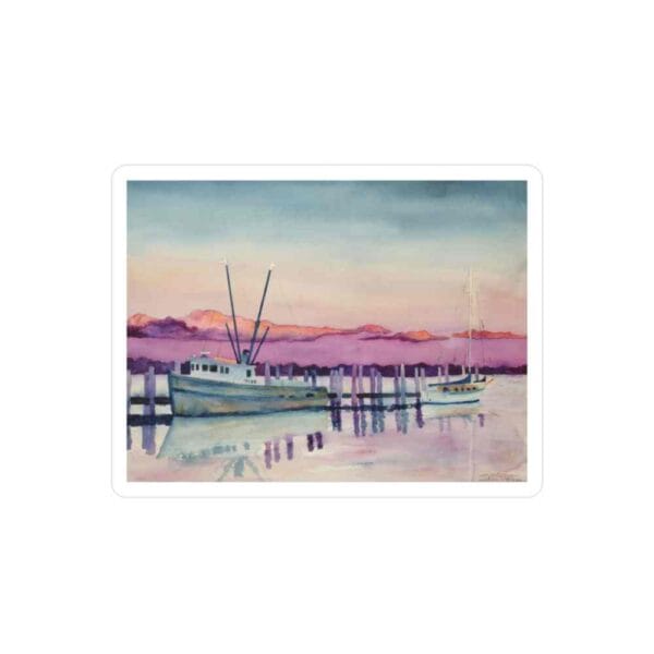 Tranquil watercolor painting of boats docked at sunset, emphasizing peaceful harbor and maritime atmosphere.