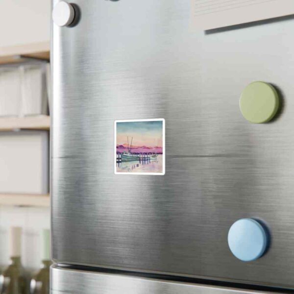 Colorful boat dock waterscape magnet on stainless steel refrigerator door.