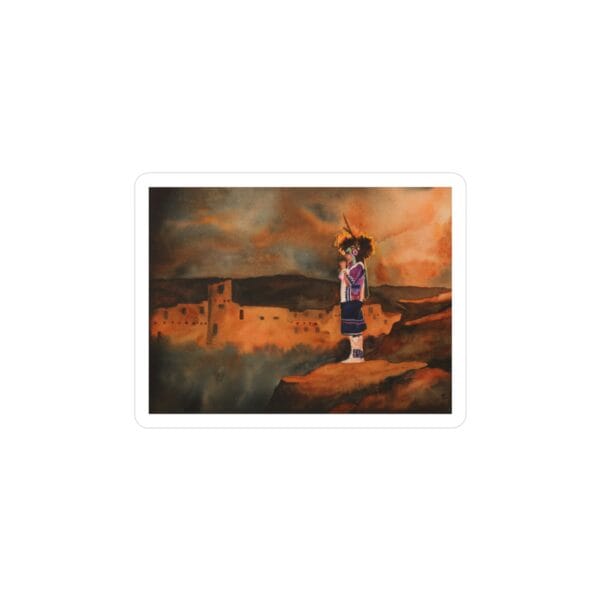A woman in traditional attire standing on a cliff overlooking a sunset landscape with ancient buildings.